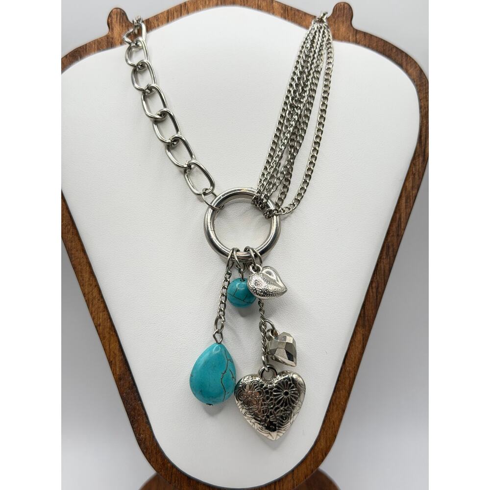 Turquoise Charm Necklace | Silver Heart Locket Statement Piece